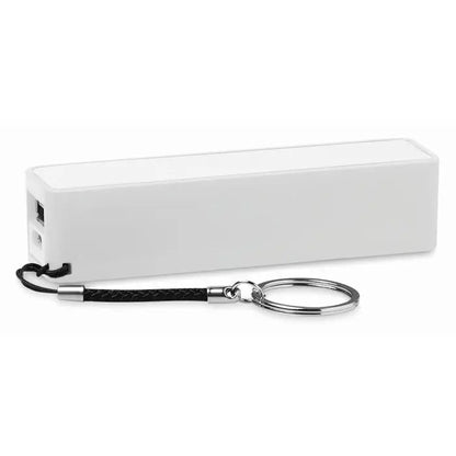 Încărcător portabil alb dreptunghiular power bank 2200 mAh cu breloc negru împletit și inel metalic argintiu