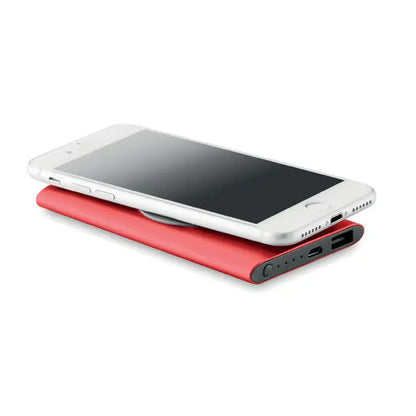 Power bank wireless 4000mah dreptunghiular roșu cu porturi și butoane negre pentru încărcare fără fir