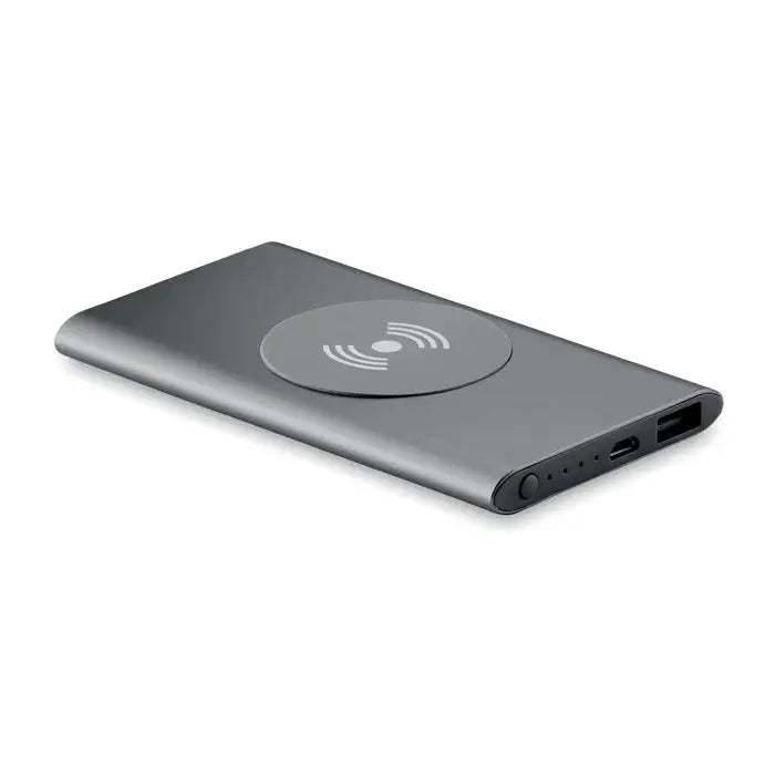 Power bank wireless 4000mah gri cu simbol circular de inductie pe suprafata pentru incarcare wireless