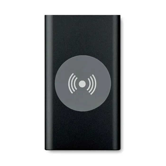 Încărcător wireless dreptunghiular negru cu finisaj mat și pad de încărcare gri cu simboluri albe radio pentru power bank 4000mAh