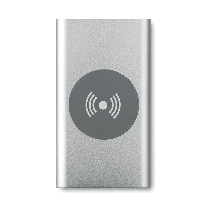 Încărcător wireless dreptunghiular argintiu cu finisaj mat și pad de încărcare circular gri pentru power bank 4000mAh
