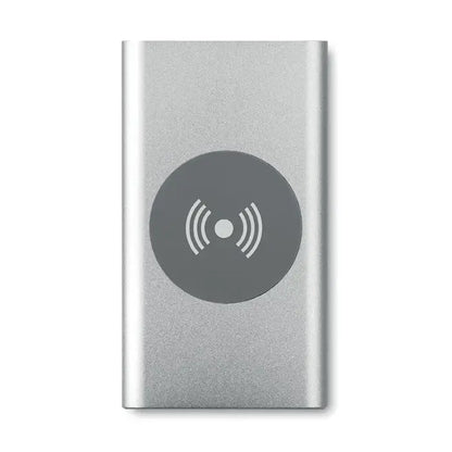 Încărcător wireless dreptunghiular argintiu cu finisaj mat și pad de încărcare circular gri pentru power bank 4000mAh