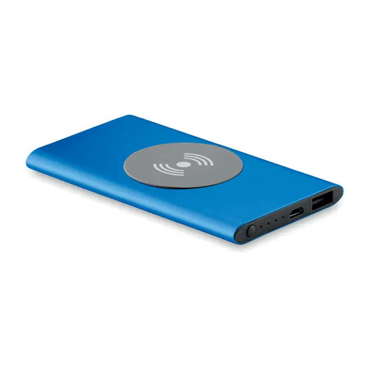Alimentator wireless dreptunghiular albastru cu pad de încărcare circular gri și porturi negre 4000mAh