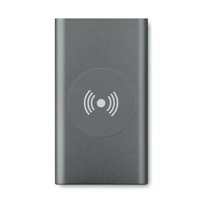 Încărcător wireless dreptunghiular gri cu finisaj mat și simbol alb circular pentru power bank wireless 4000mAh