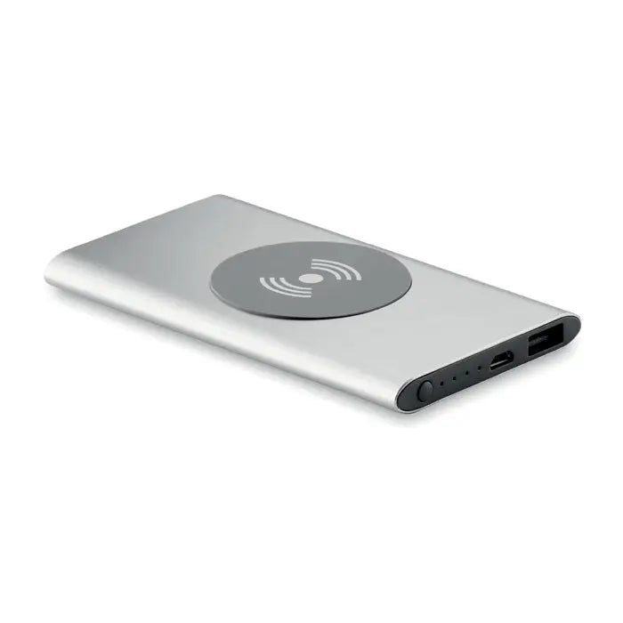 Încărcător wireless dreptunghiular argintiu cu finisaj mat și pad negru circular pentru power bank 4000mAh