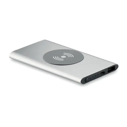 Încărcător wireless dreptunghiular argintiu cu finisaj mat și pad negru circular pentru power bank 4000mAh