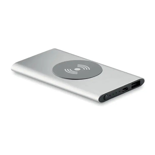 Încărcător wireless dreptunghiular argintiu cu finisaj mat și pad negru circular pentru power bank 4000mAh