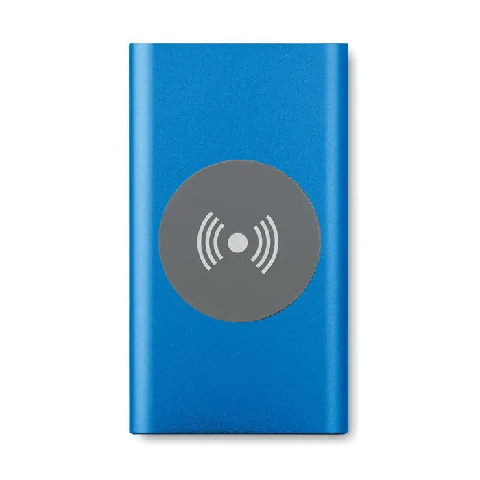 Încarcător wireless dreptunghiular albastru cu pad circular gri și simboluri radio pentru power bank 4000mAh