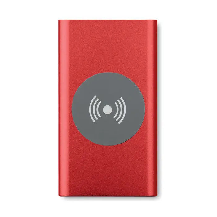 Red rectangular wireless charger power bank 4000mah with matte finish and gray circular charging pad with white symbols
