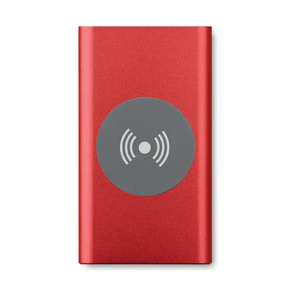 Red rectangular wireless charger power bank 4000mah with matte finish and gray circular charging pad with white symbols