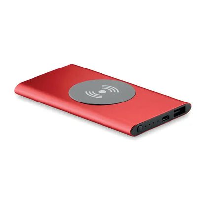 Red rectangular wireless charger power bank 4000mah cu finisaj mat si pad circular gri pe suprafata