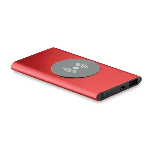 Red rectangular wireless charger power bank 4000mah cu finisaj mat si pad circular gri pe suprafata
