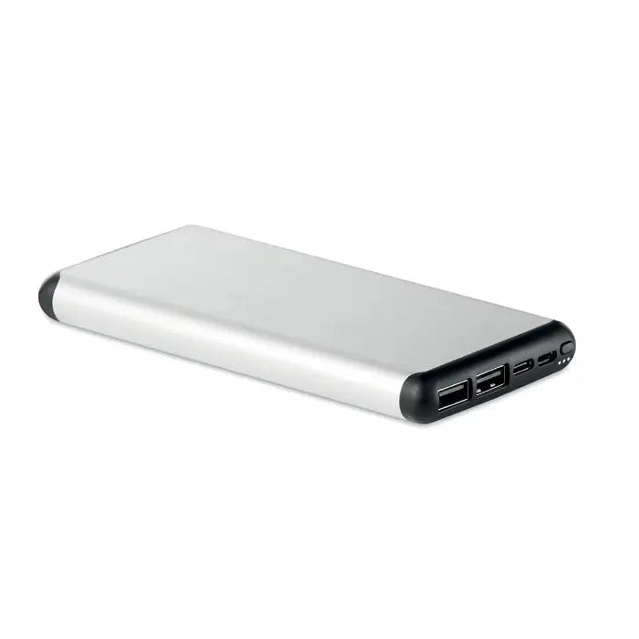 Power bank wireless de 10000 mAh argintiu dreptunghiular cu margini negre si porturi usb multiple