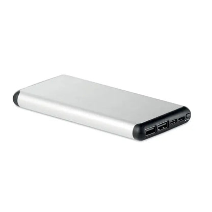 Power bank wireless de 10000 mAh argintiu dreptunghiular cu margini negre si porturi usb multiple