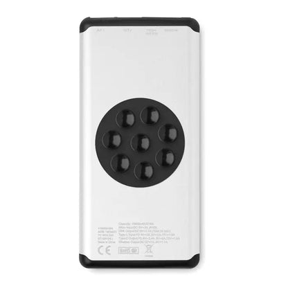 Charger portabil alb cu margini negre si noua porturi de incarcare circulare pe spate power bank wireless 10000 mAh