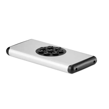 Power bank wireless de 10000 mah argintiu dreptunghiular cu tastatură circulară neagră și margini rotunjite