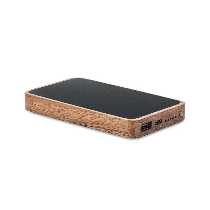 Power bank wireless de 4000 mah dreptunghiular din lemn cu suprafață texturată neagră și multiple porturi pe lateral