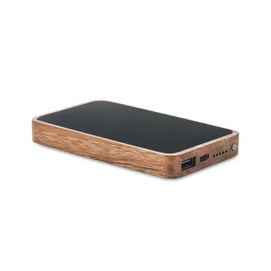 Power bank wireless de 4000 mah dreptunghiular din lemn cu suprafață texturată neagră și multiple porturi pe lateral
