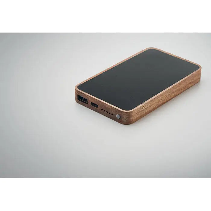 Power bank wireless de 4000 mah cu rama din lemn negru mat si doua porturi usb portabil