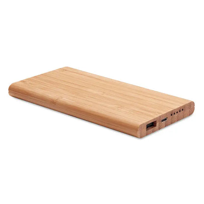 Power bank wireless din bambus portabil maro deschis cu finisaj natural lemn si doua porturi usb