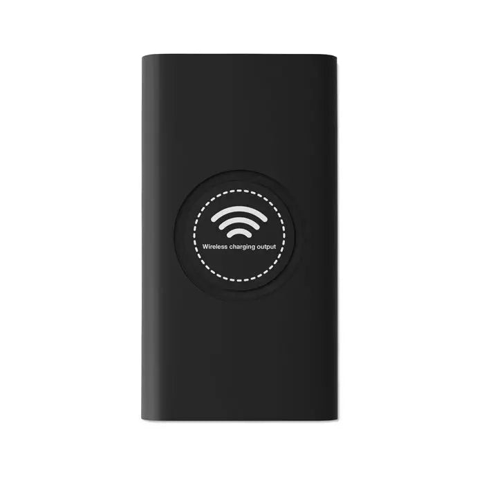 Power bank wireless tip c negru dreptunghiular cu simbol alb rotund pentru ieșire încărcare wireless