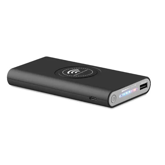 Power bank wireless tip c dreptunghiular negru cu finisaj mat, port usb-c integrat si leduri indicatori
