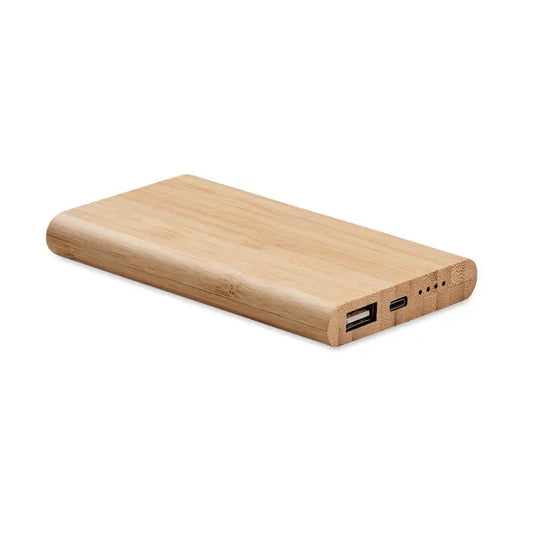 Powerbank bamboo de 4000 mah portabil din bambus deschis la culoare cu porturi usb-a si usb-c