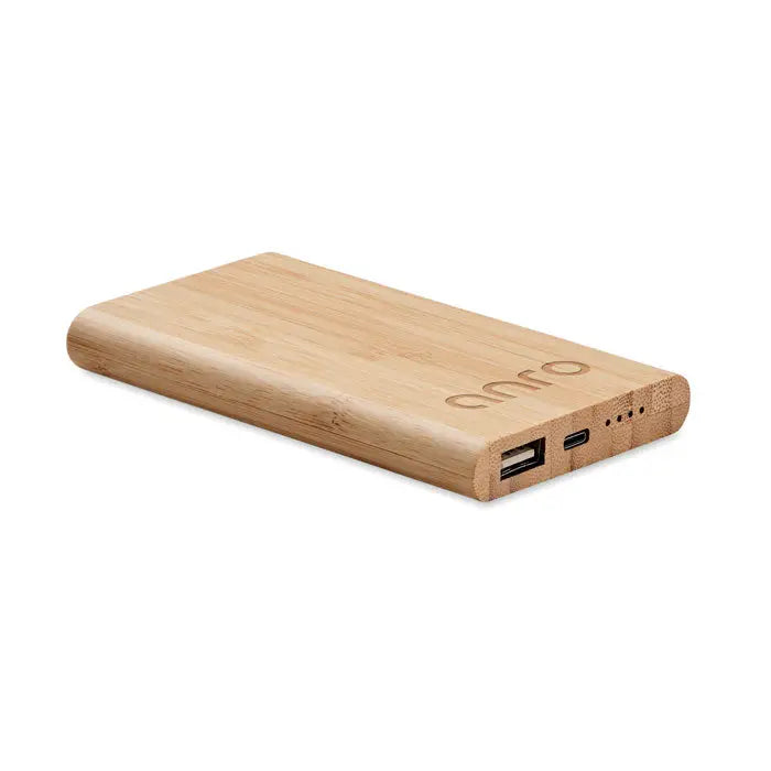 Powerbank bamboo de 4000 mah din bambus maro deschis cu design minimalist si branding gravat anro