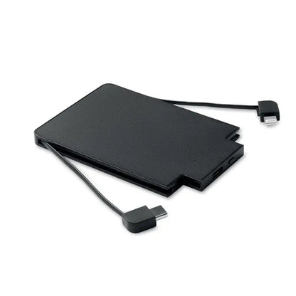 Powerbank magnetic de 2500 mah negru dreptunghiular cu doua cabluri usb-c, unul unghiat si altul drept