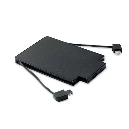Powerbank magnetic de 2500 mah negru dreptunghiular cu doua cabluri usb-c, unul unghiat si altul drept