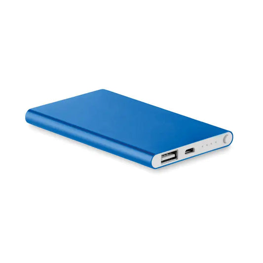 Powerbank plat de 4000 mah albastru cu finisaj metalic neted si accente albe in jurul porturilor