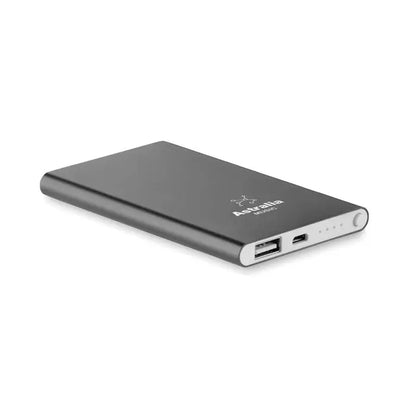 Powerbank plat de 4000 mah negru rectangular cu finisaj mat si logo-ul aertalia pe suprafata sa
