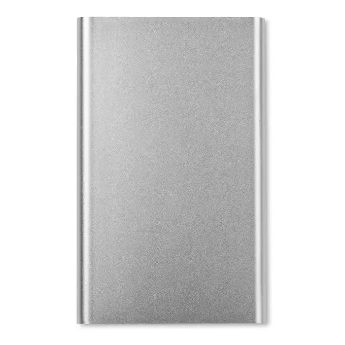 Powerbank plat de 4000 mah portabil argintiu cu textură metalică și margini elegante pentru încărcare rapidă