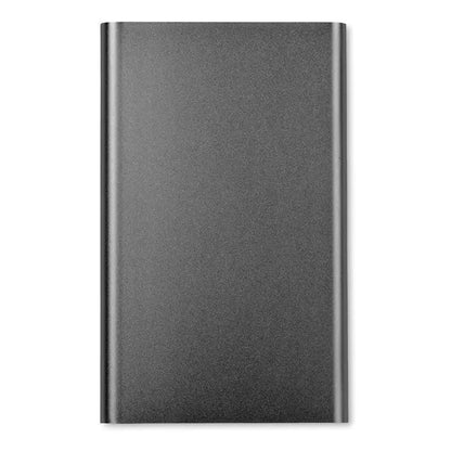 Powerbank plat de 4000 mah negru texturat cu margini metalice elegante pentru incarcare portabila usoara