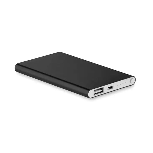 Powerbank plat de 4000 mAh negru dreptunghiular cu finisaj mat și porturi argintii pe lateral