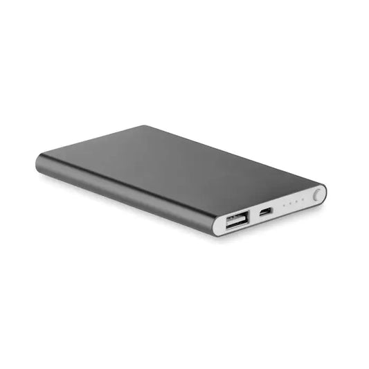 Powerbank plat de 4000 mah negru dreptunghiular cu finisaj mat si accente argintii cu usb-a si micro-usb
