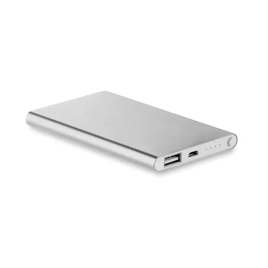 Powerbank plat de 4000 mah încărcător portabil argintiu dreptunghiular cu finisaj metalic și porturi usb duale