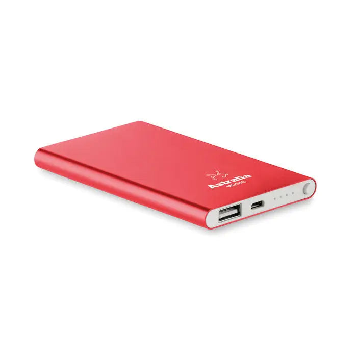 Powerbank plat de 4000 mah cu finisaj metalic elegant rosu astralia si accente albe la porturi