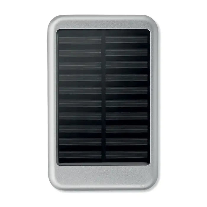 Powerbank solar de 4000 mAh argintiu dreptunghiular cu panou fotovoltaic negru cu dungi orizontale