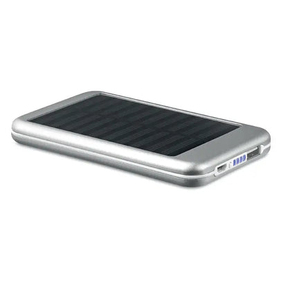 Silver powerbank solar de 4000 mah dreptunghiular cu panou fotovoltaic negru si porturi usb laterale