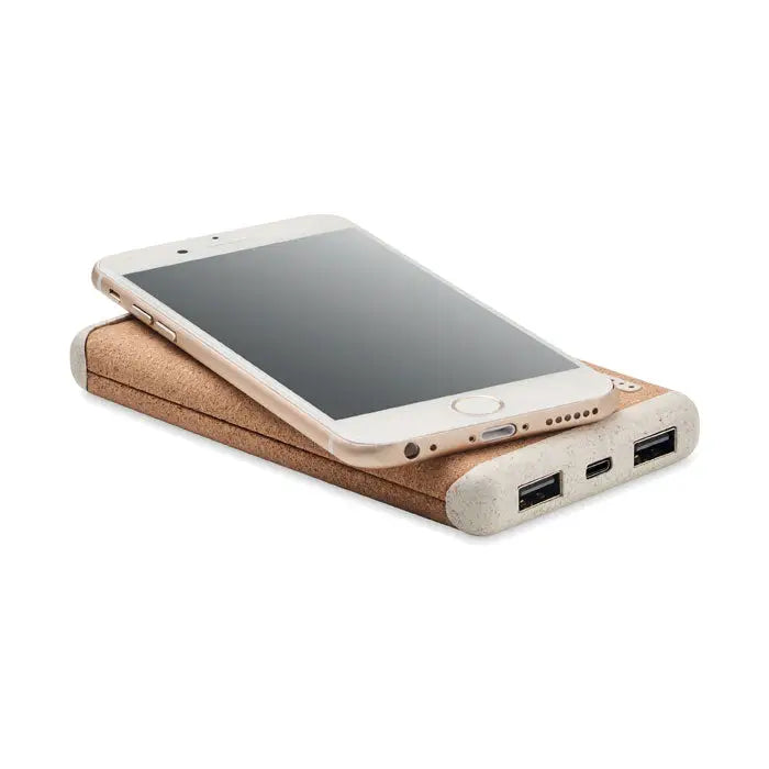 Powerbank wireless de 10000 mah cu design dreptunghiular elegant, top texturat de plută și margini asemănătoare betonului cu porturi usb multiple