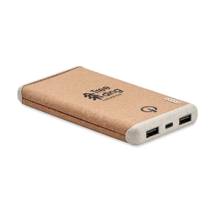 Powerbank wireless de 10000 mAh portabil dreptunghiular maro deschis cu textură de plută și margini albe cu porturi usb multiple