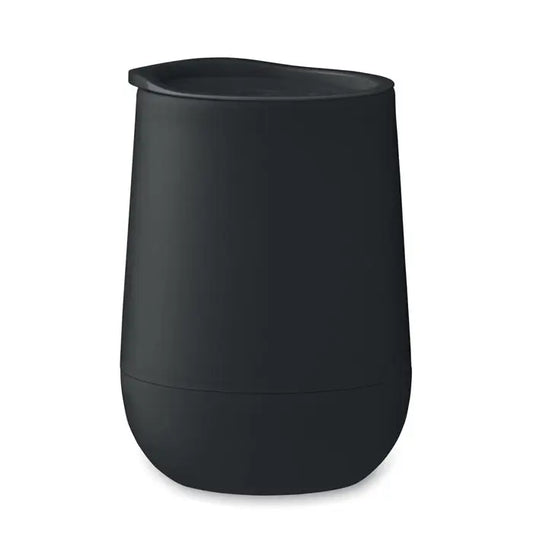 Pahar de calatorie din silicon negru cu perete dublu de 300 ml si capac modern si elegant