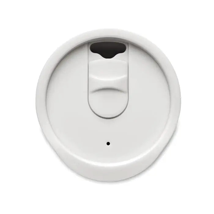 Pahar pp cu perete dublu 300 ml cu capac alb din plastic si orificiu negru pentru baut