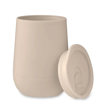 Pp pahar cu perete dublu 300 ml bej din ceramică cu capac cu design integrat tip tab