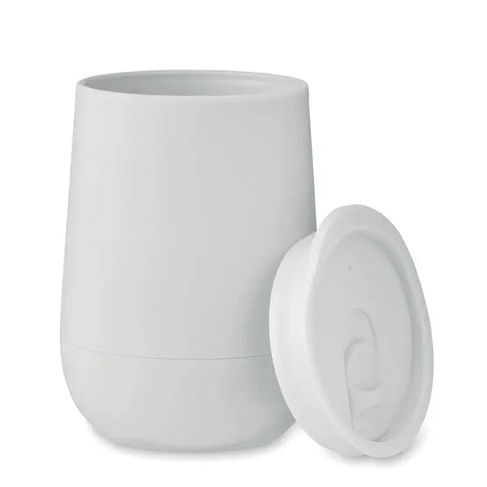 Canistră albă din ceramică cu capac și design integrat de prindere pentru pahar pp cu perete dublu 300 ml