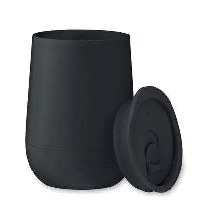 Pahar pp cu perete dublu 300 ml negru mat din silicon cu capac si maner integrat pentru deschidere usoara
