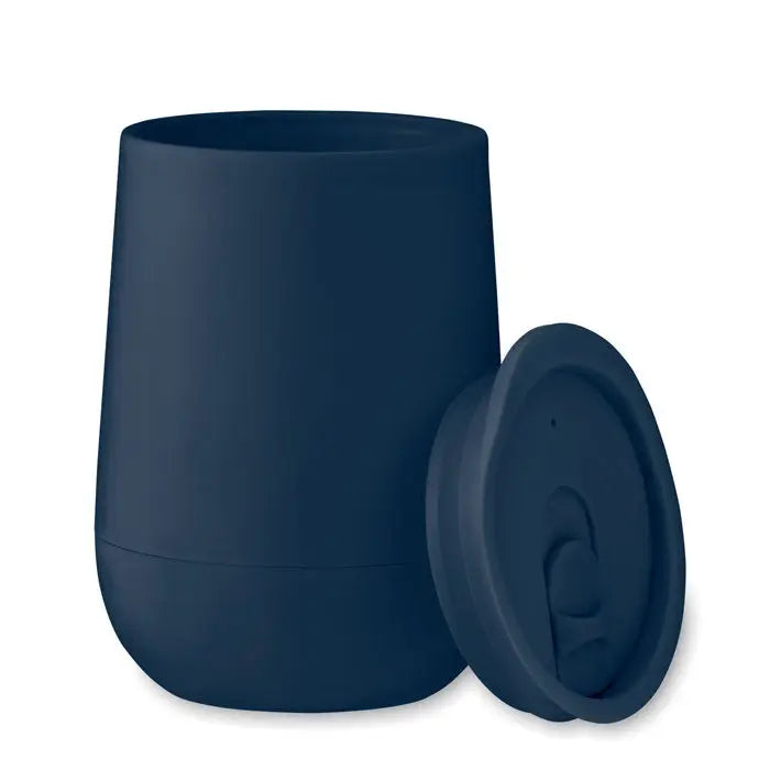 Canistră albastru navy din silicon cu capac și mâner integrat pentru pp pahar cu perete dublu 300 ml