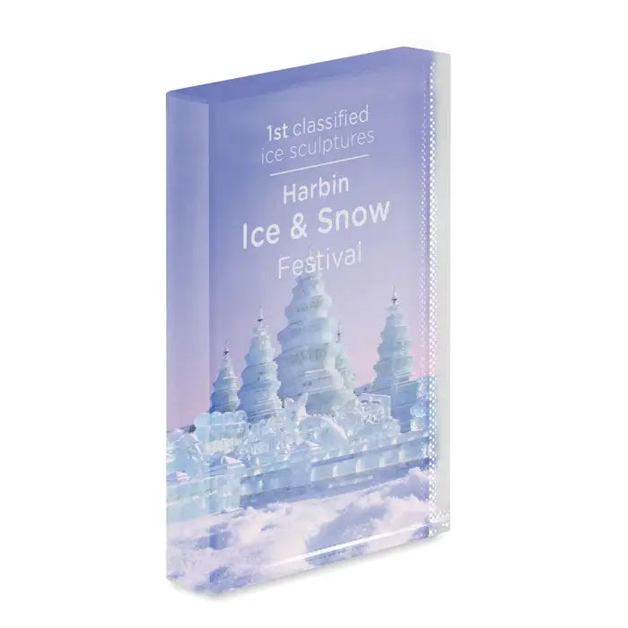 Bloc acrilic premiul de cristal mov translucid cu imagine imprimata a sculpturilor de gheata de la festivalul harbin