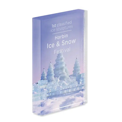 Bloc acrilic premiul de cristal mov translucid cu imagine imprimata a sculpturilor de gheata de la festivalul harbin